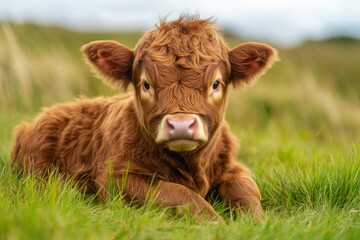 Cute calf resting in grassy field