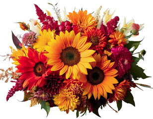 Vibrant autumnal flower arrangement. Sunflowers, dahlias, and other warmtoned blooms create a rich, celebratory feel, perfect for fall weddings, Thanksgiving, or harvest celebrations.
