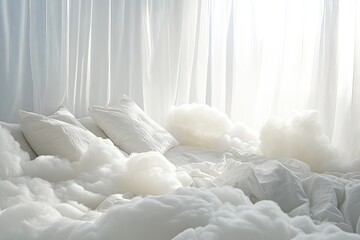 Obraz premium A dreamy cloud-like bed setting with white linens, fluffy pillows, and sheer curtains