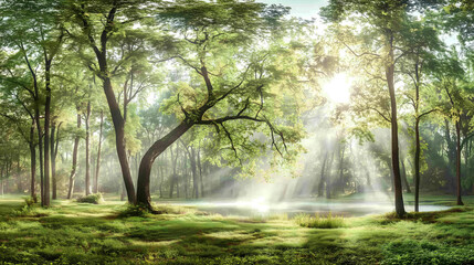 Obraz premium Sunlight filters through trees in a serene forest, illuminating a tranquil pond in the morning hours