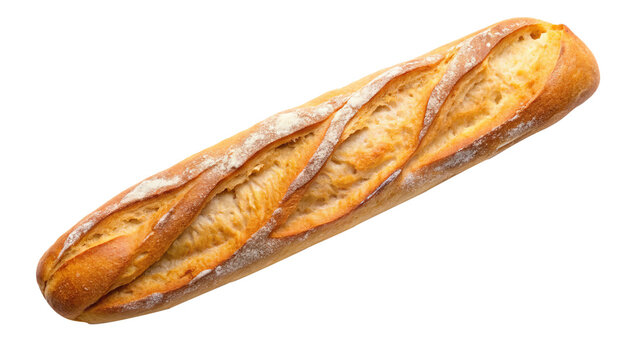 A freshly baked golden brown baguette loaf of bread isolated on white background