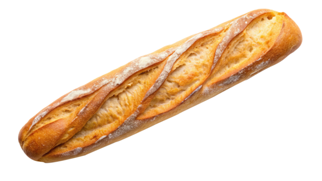 A freshly baked golden brown baguette loaf of bread isolated on white background