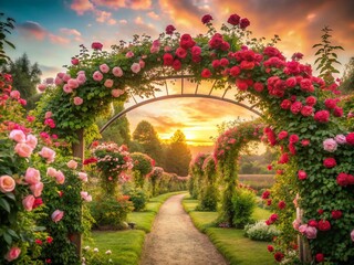Fototapeta premium Long Exposure: Romantic English Rose Garden with Arches & Arbors