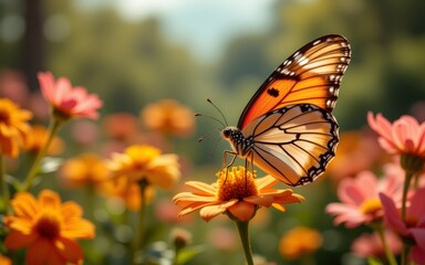 A vibrant butterfly perched on a blooming flower, surrounded by a colorful field of flowers in soft sunlight
