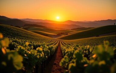 Fototapeta premium A serene sunset over rolling hills covered in lush green vineyards, casting a warm glow across the landscape