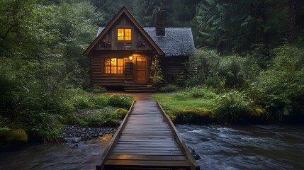 Fototapeta premium A cozy riverfront cabin with a small wooden bridge leading to the entrance