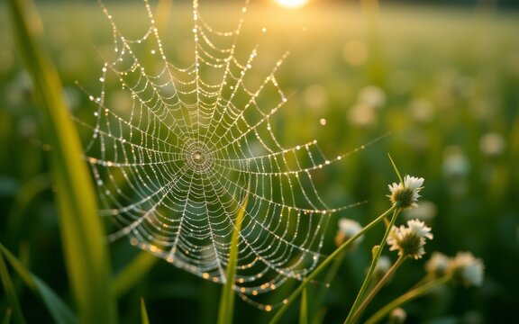 A dew-kissed spider web glimmers in the sunlight, surrounded by vibrant green grass and delicate white flowers - Powered by Adobe