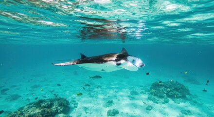 Fototapeta premium Graceful manta ray gliding through clear turquoise waters near coral reef