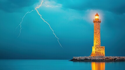 Fototapeta premium Majestic Lighthouse Amidst Thunderstorm and Striking Lightning
