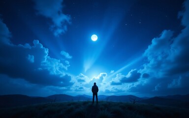 Fototapeta premium A person stands on a hilltop, gazing at a bright moon surrounded by dramatic clouds and starry skies