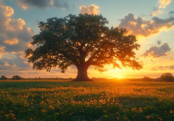 Majestic Tree in a Flowering Field at Sunset