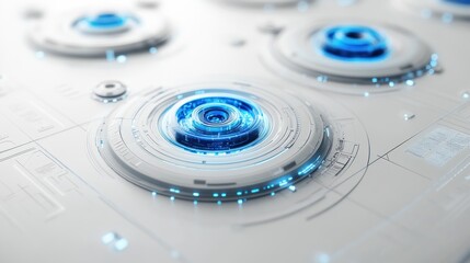 "An Abstract Futuristic HUD Interface Featuring Blue Circular and Linear Elements on a White Background, Symbolizing Digital Technology"

