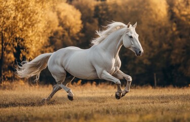 Obraz premium White Horse Galloping Freely in a Golden Field at Sunset