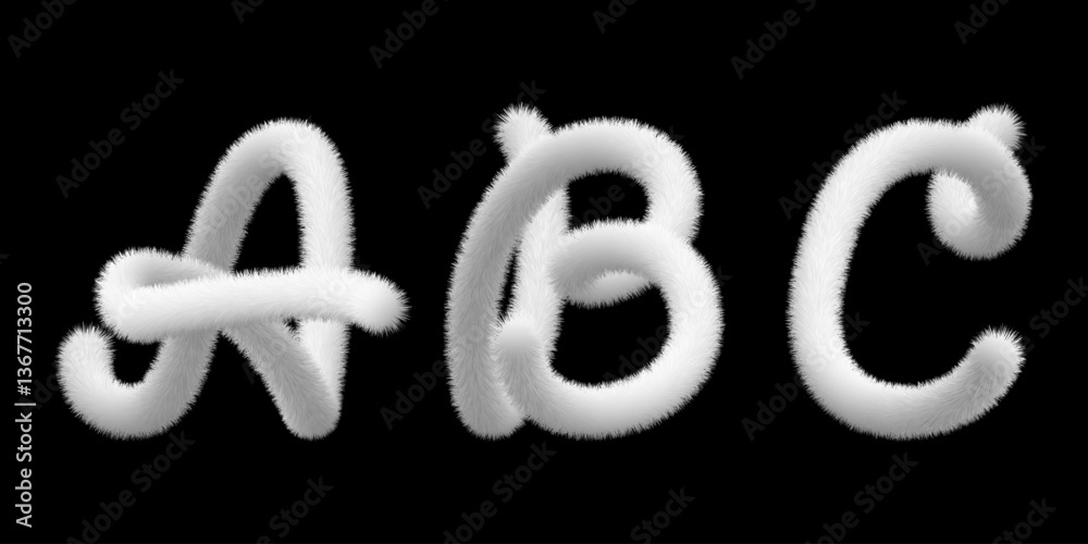Fototapete 3d white fur letter a,b,c. cat tail, animal hair alphabet. fluffy font bubble typescript text. furry