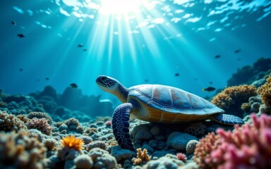 Obraz premium A sea turtle glides gracefully over a vibrant coral reef under sunlit waters