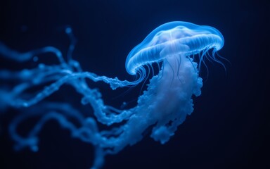Obraz premium A bioluminescent jellyfish gliding gracefully through dark waters, displaying ethereal blue hues and delicate tentacles