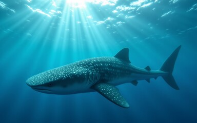 Naklejka premium A large fish with a spotted body swims gracefully in a sunlit underwater environment