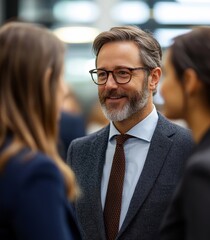 Businessman talking with female colleagues