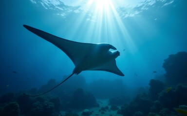 A graceful stingray glides through crystal-clear waters, illuminated by serene beams of sunlight
