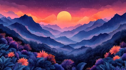 Vibrant mountain landscape under sunset and starry sky. Layered mountains with colorful plants in foreground, blending sunset hues and night sky.

