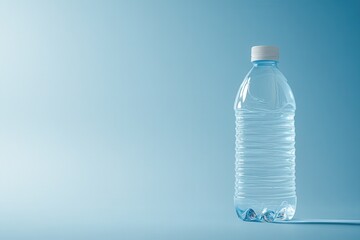 Clean and minimalist clear plastic water bottle on a light blue backdrop, with plenty of space for text