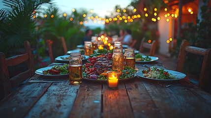 Warm outdoor dinner party scene. Rustic wooden table laden with grilled meat, vibrant salads, and drinks, lit by candlelight and string lights.