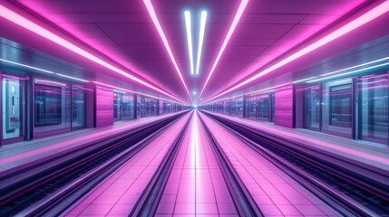 Fototapeta premium Metro tunnel with symmetrical perspective, neon lights casting pink and blue glow