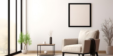 An empty vertical rectangle frame mockup, placed on the wall of a living room with modern furniture