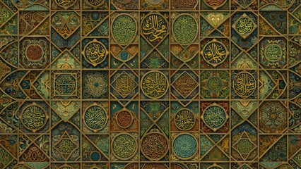 Intricate Islamic mosaic tilework featuring Arabic calligraphy and geometric patterns.