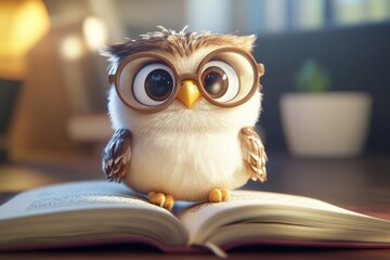 Cute cartoon owl with glasses on open book in home study