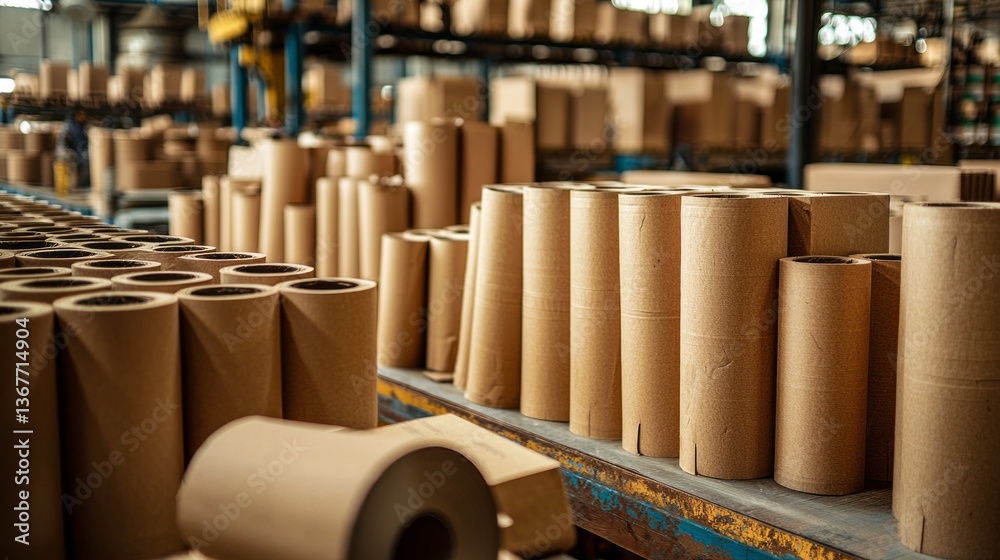 Poster in a bustling production facility, workers efficiently manage the creation of cardboard rolls. stack