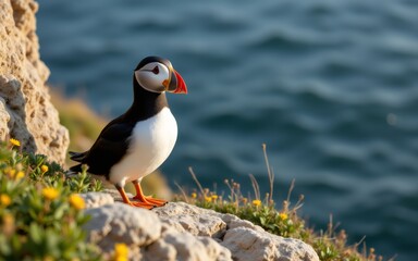 A puffin stands on a rocky ledge adorned with vibrant flowers, gazing out at the shimmering ocean