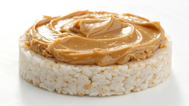 Rice Cake with Creamy Peanut Butter Spread on a White Background  
