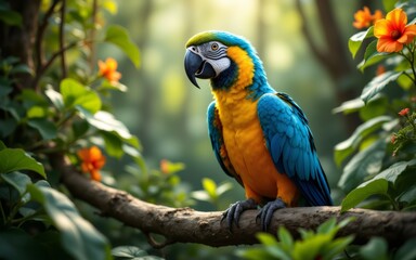 Obraz premium A vibrant parrot perched on a branch, surrounded by lush green foliage and colorful flowers
