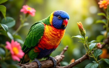 A vibrant parrot perched among colorful flowers, showcasing striking plumage and a lush green background