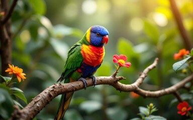 Fototapeta premium A colorful bird perched on a branch among vibrant flowers in a lush garden setting