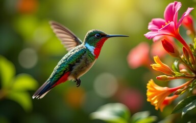 Naklejka premium A vibrant hummingbird hovers gracefully near colorful blooms in a lush garden