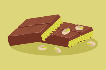 Chocolate pieces with pistachio nuts. Sweet dessert concept, perfect for confectionery design.