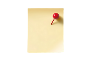 yellow sticky post it note with red pushpin Isolated on White and Transparent Background PNG Image.