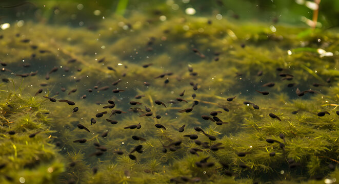 Captivating closeup of numerous frog tadpoles swimming in a shallow, algae-filled pond