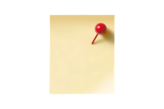 yellow sticky post it note with red pushpin Isolated on White and Transparent Background PNG Image.