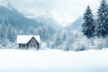 Naklejka premium Snowy landscape with a cozy cabin surrounded by towering pine trees and mountains