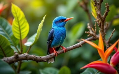 Fototapeta premium A vibrant blue bird perched on a branch, surrounded by lush green leaves and colorful tropical flowers