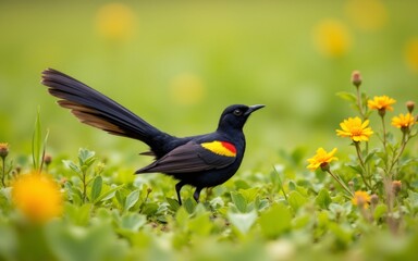 A colorful bird stands in a vibrant meadow filled with yellow flowers, showcasing its striking plumage and elegant posture
