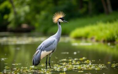 Obraz premium A striking bird with a golden crown stands gracefully by a serene water body surrounded by lush greenery