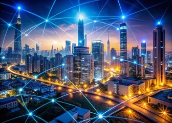 Fototapeta premium Low Light Cityscape: Interconnected Digital Communities, Global Network