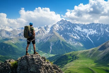 Hiker atop mountain peak, views valley, alpine landscape