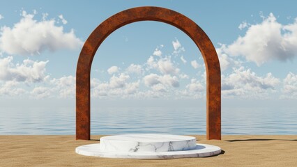 Marble pedestal with rusty archway, beach scenery and cloudy sky background