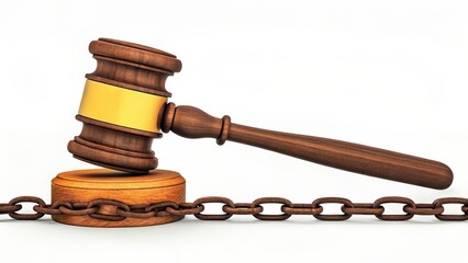 law restriction policy concept. Wooden gavel and chain symbolizing justice and restraint.