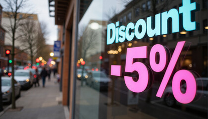 Discount Sign Featuring 5% Off on Store Window  